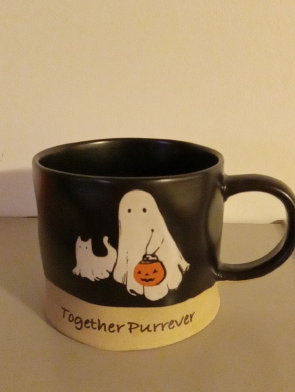 Black Halloween Ghost & Cat Ceramic Mug - 'Together Purrever'